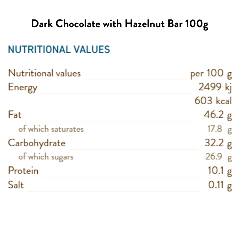 Dark Chocolate with Hazelnut Bar 100G